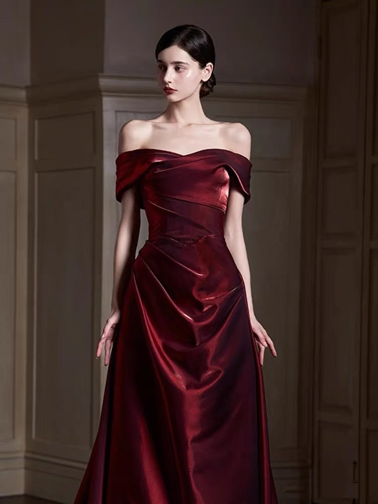 Elegantes, schulterfreies, burgunderrotes, langes Meerjungfrauen-Abendkleid aus Satin, perfekt für festliche Anlässe wie Ball, Tanz und Party (AQ132)