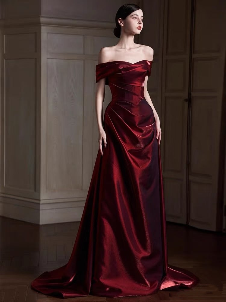 Elegantes, schulterfreies, burgunderrotes, langes Meerjungfrauen-Abendkleid aus Satin, perfekt für festliche Anlässe wie Ball, Tanz und Party (AQ132)