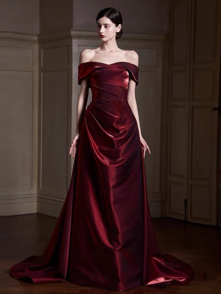Elegantes, schulterfreies, burgunderrotes, langes Meerjungfrauen-Abendkleid aus Satin, perfekt für festliche Anlässe wie Ball, Tanz und Party (AQ132)
