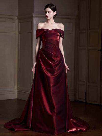 Elegantes, schulterfreies, burgunderrotes, langes Meerjungfrauen-Abendkleid aus Satin, perfekt für festliche Anlässe wie Ball, Tanz und Party (AQ132)