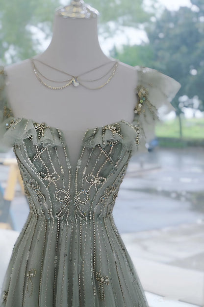 Elegantes, langes, formelles A-Linien-Abendkleid aus grünem Tüll mit eckigem Ausschnitt, ideal für Ball, Dinner und Party (AQ137)