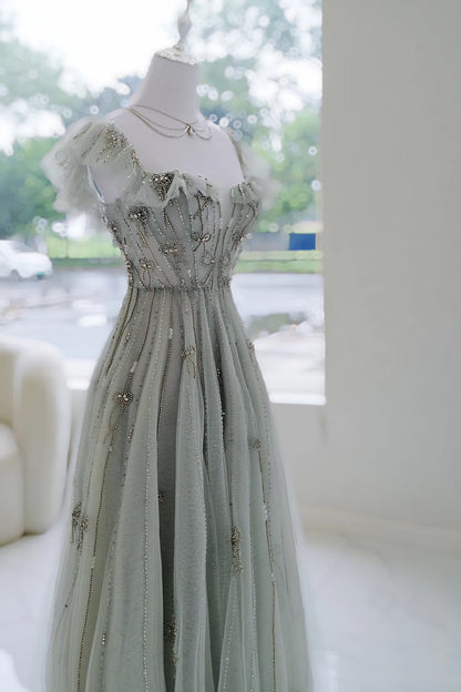 Elegantes, langes, formelles A-Linien-Abendkleid aus grünem Tüll mit eckigem Ausschnitt, ideal für Ball, Dinner und Party (AQ137)