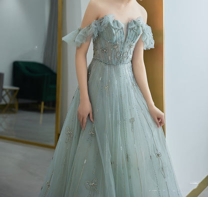 Elegantes, langes, formelles A-Linien-Abendkleid aus grünem Tüll mit eckigem Ausschnitt, ideal für Ball, Dinner und Party (AQ137)
