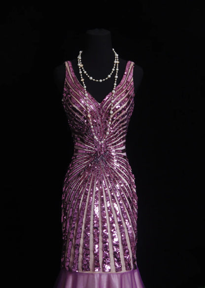 Vintage Mermaid V Neck 1960s Sequined Grape Tulle Evening For Women Party Dresses Long Formal Prom Dresses 20th Birthday Gowns AS001