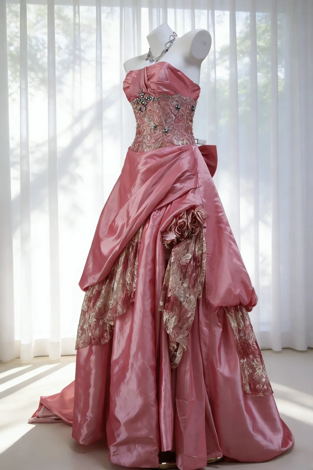 Vintage Ballkleid, trägerlos, rosa Taft, Inspiration für lange Party-Abendkleider, Outfits zum 20. Geburtstag AB2345