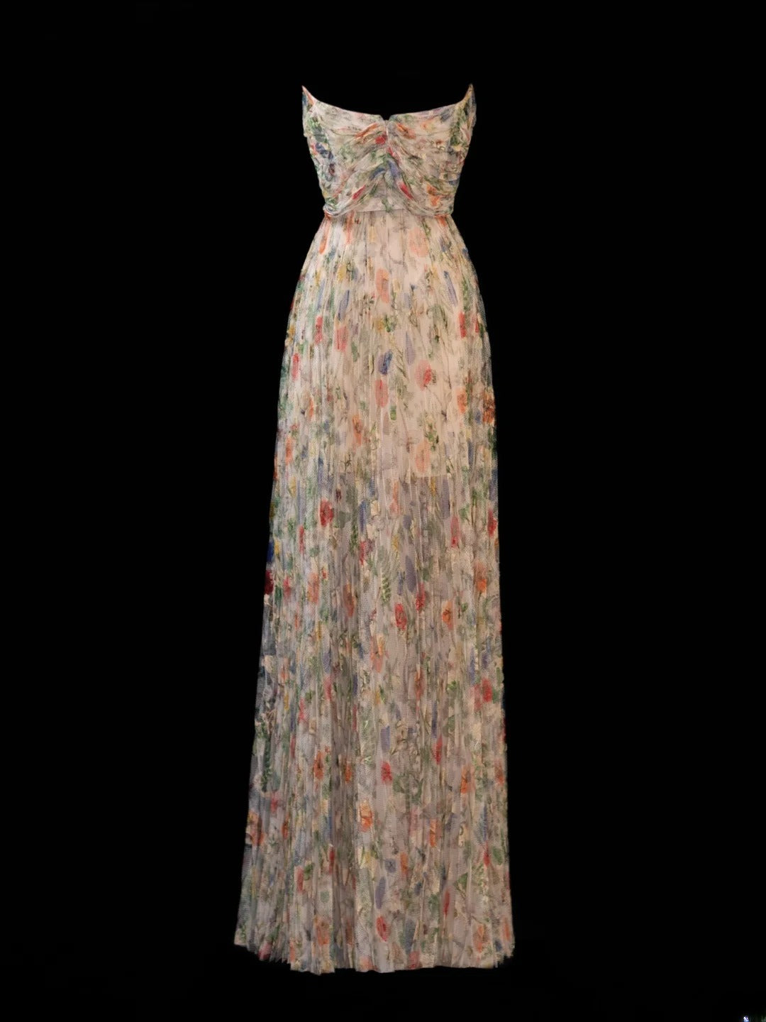 Elegantes, trägerloses Ballkleid mit Blumenmuster und Falten – ein beeindruckendes langes Abendkleid für Partys und festliche Anlässe (SA001)