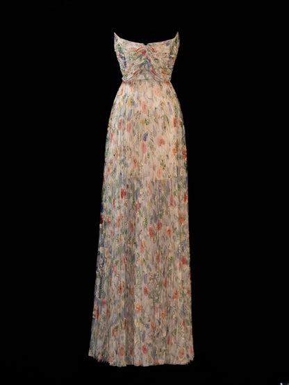 Elegantes, trägerloses Ballkleid mit Blumenmuster und Falten – ein beeindruckendes langes Abendkleid für Partys und festliche Anlässe (SA001)