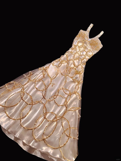Robe de bal longue sirène dos nu, ornée de perles dorées, idéale pour les lycéennes et les fêtes de fin d'année (AB2518)