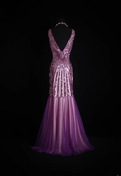 Vintage Mermaid V Neck 1960s Sequined Grape Tulle Evening For Women Party Dresses Long Formal Prom Dresses 20th Birthday Gowns AS001