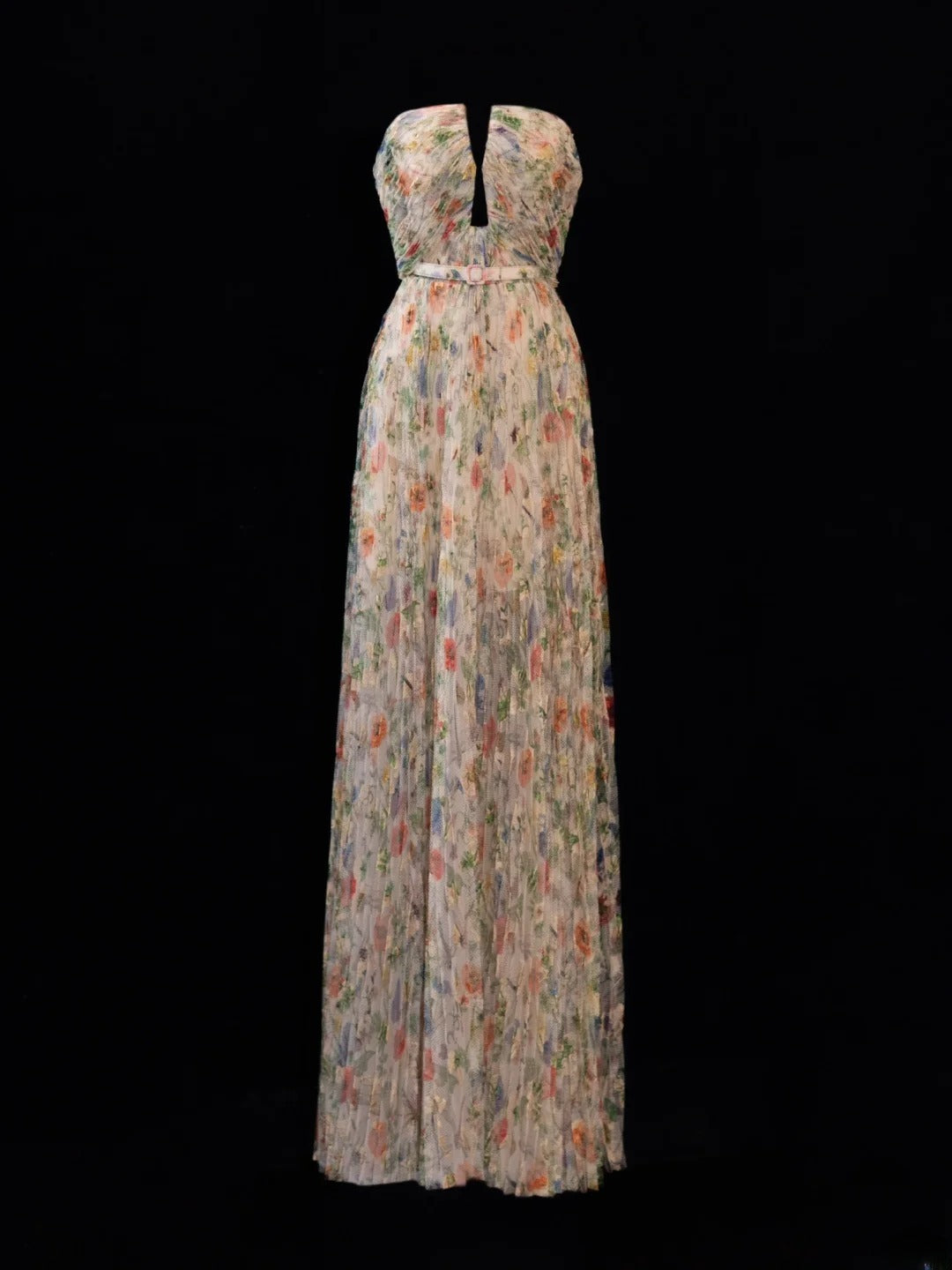 Elegantes, trägerloses Ballkleid mit Blumenmuster und Falten – ein beeindruckendes langes Abendkleid für Partys und festliche Anlässe (SA001)