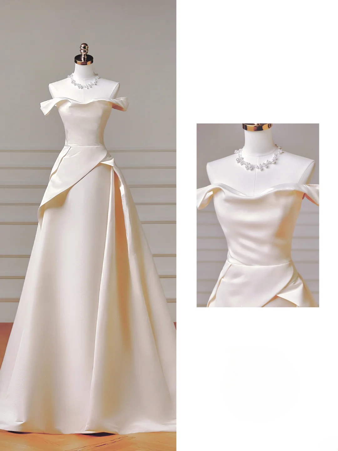Robe de mariée longue et romantique, coupe trapèze, épaules dénudées, en satin plissé, avec traîne, modèle AQ001