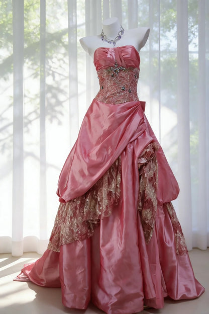 Vintage Ballkleid, trägerlos, rosa Taft, Inspiration für lange Party-Abendkleider, Outfits zum 20. Geburtstag AB2345