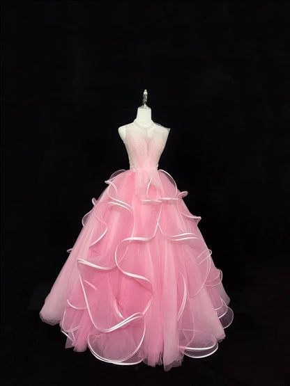Princess Prom Dresses Ball Gown Strapless Pink Tulle Sweet 16 Evening Long Formal Dress RB7375
