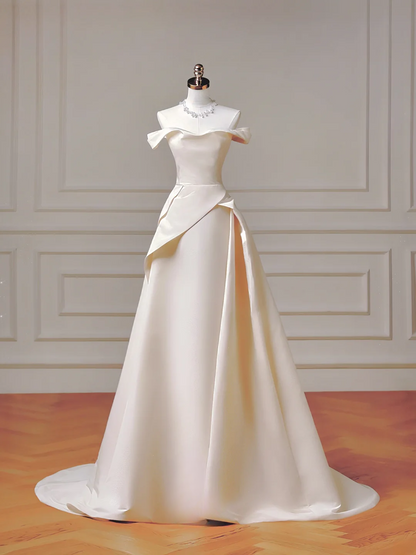 Robe de mariée longue et romantique, coupe trapèze, épaules dénudées, en satin plissé, avec traîne, modèle AQ001