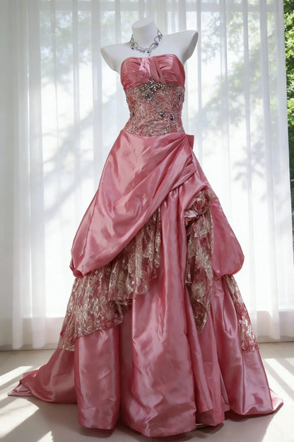 Vintage Ballkleid, trägerlos, rosa Taft, Inspiration für lange Party-Abendkleider, Outfits zum 20. Geburtstag AB2345