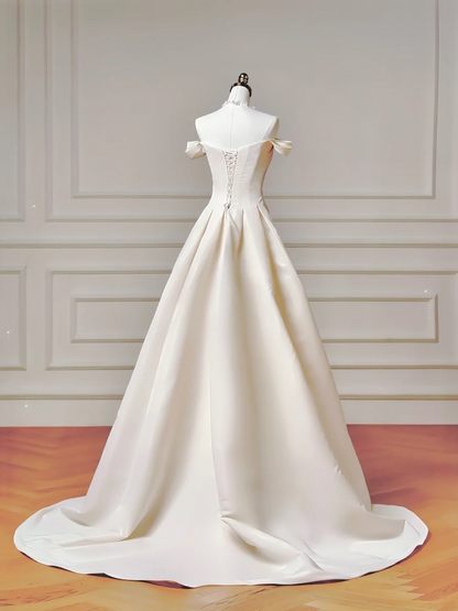 Robe de mariée longue et romantique, coupe trapèze, épaules dénudées, en satin plissé, avec traîne, modèle AQ001