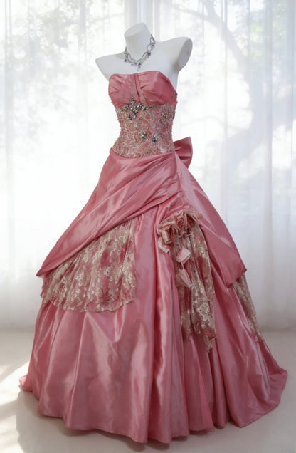Vintage Ballkleid, trägerlos, rosa Taft, Inspiration für lange Party-Abendkleider, Outfits zum 20. Geburtstag AB2345