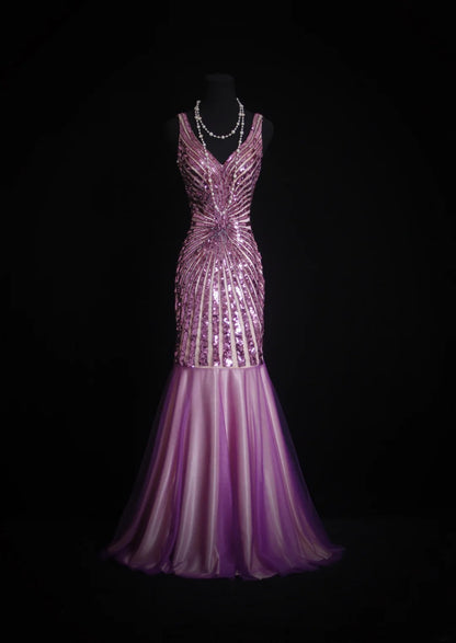 Vintage Mermaid V Neck 1960s Sequined Grape Tulle Evening For Women Party Dresses Long Formal Prom Dresses 20th Birthday Gowns AS001
