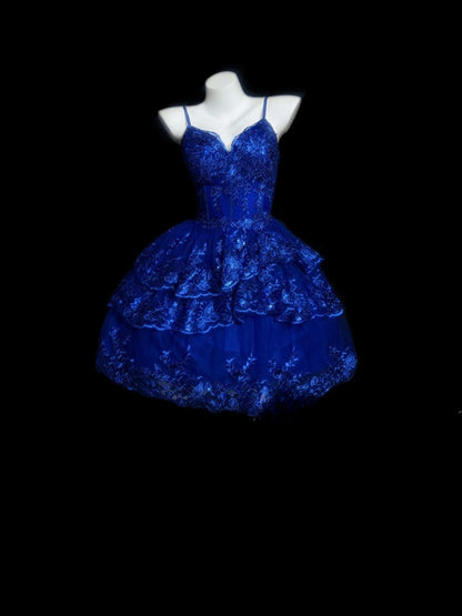 Robes de bal modestes à bretelles spaghetti en dentelle bleu roi, robes de graduation courtes de lycée pour l'inspiration des seniors de 8e année, robe de bal de retour à la maison RB3345
