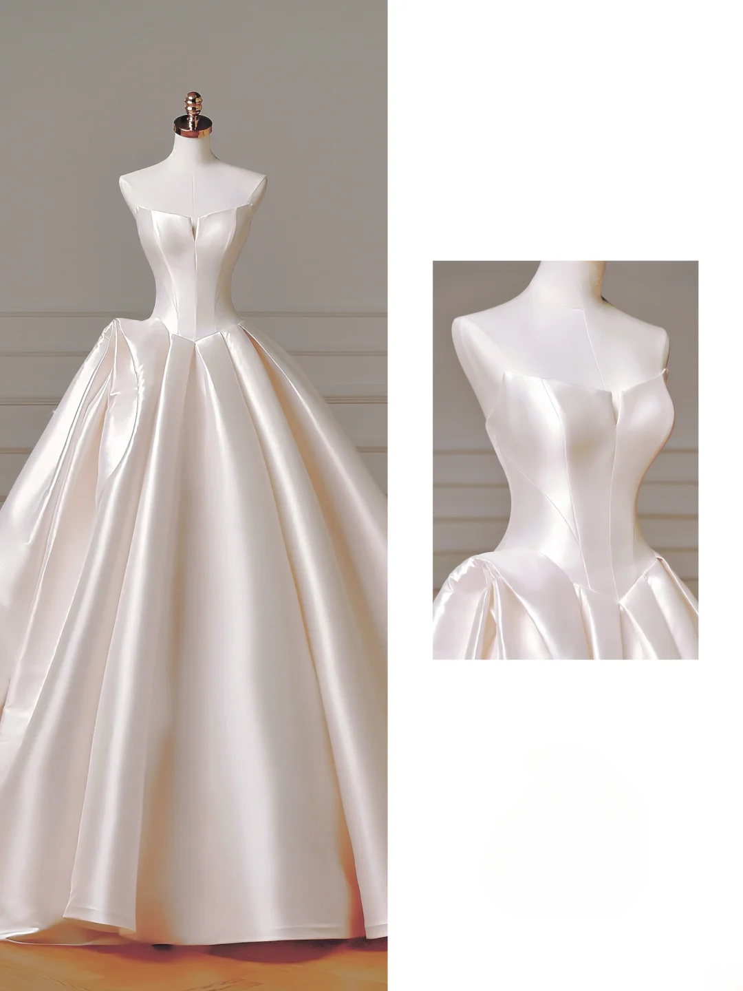 Langes Brautkleid im Prinzessinnenstil, ärmellos, Ballkleid mit Herzausschnitt, Satin, plissiertem Korsett und taillierter Schleppe, AQ002
