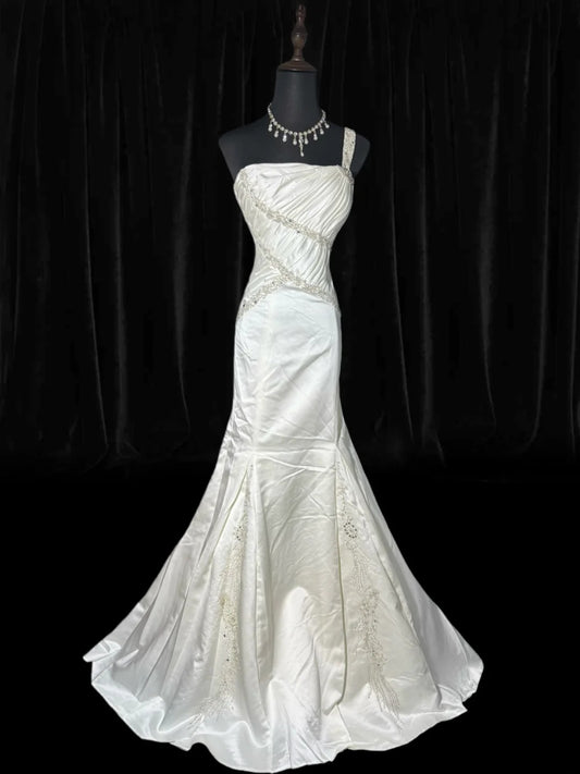 Vintage Wedding Gowns Brides Dresses 1950s 1940s Mermaid One Shoulder Satin With Silver Beads White Petite/Plus Size Bridal Gown For Women AS002