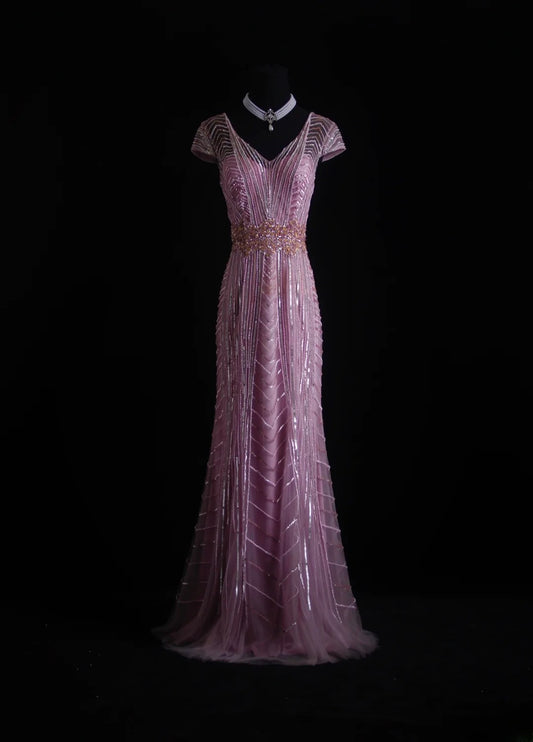 Vintage Meerjungfrauen-Abendkleid aus den 1960er Jahren mit V-Ausschnitt, Perlenstickerei und kurzen Ärmeln aus Tüll. Geeignet für Damen, Partys, lange formelle Ballkleider und Kleider zum 20. Geburtstag (AS002).