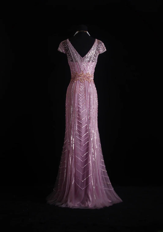 Vintage Meerjungfrauen-Abendkleid aus den 1960er Jahren mit V-Ausschnitt, Perlenstickerei und kurzen Ärmeln aus Tüll. Geeignet für Damen, Partys, lange formelle Ballkleider und Kleider zum 20. Geburtstag (AS002).