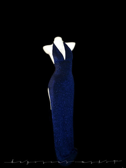 Glitzer Abschlussballkleider Meerjungfrau Neckholder Royalblau Pailletten Langes Abendkleid Formelles Kleid RB3346