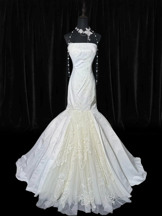 Vintage Wedding Gowns 1960s Dresses Simple Mermaid Strapless for Bride Lace With Train White Petite/Plus Size Bridal Gown AS003