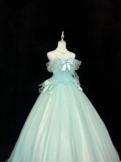 Princess Prom Dresses Ball Gown Off The Shoulder Straps Mint Green Tulle Evening Long Formal Dress RB7377