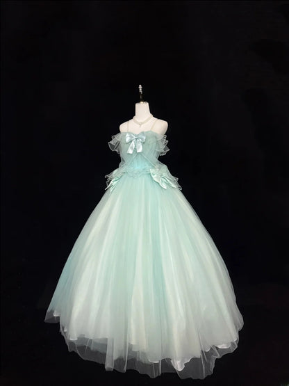 Princess Prom Dresses Ball Gown Off The Shoulder Straps Mint Green Tulle Evening Long Formal Dress RB7377