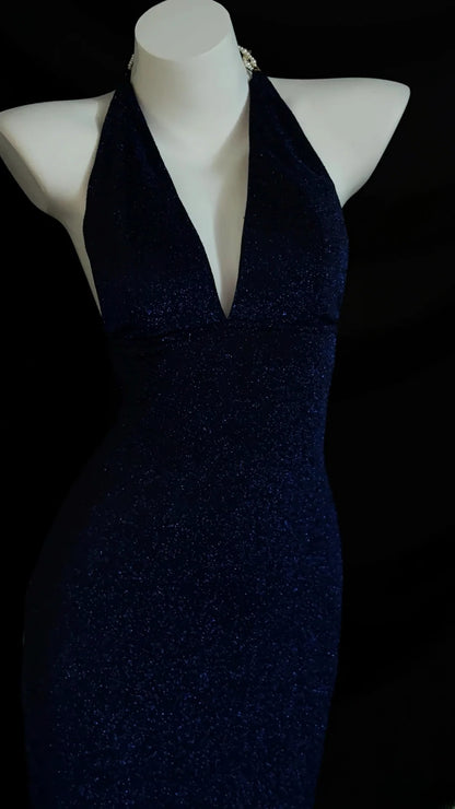 Glitzer Abschlussballkleider Meerjungfrau Neckholder Royalblau Pailletten Langes Abendkleid Formelles Kleid RB3346