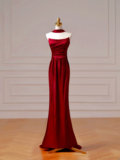 Robe de bal chic et élégante, style sirène, bustier, bordeaux, plissée, longue et élégante, idéale pour les adolescentes et les lycéennes (AQ004)