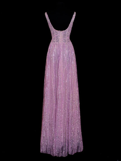 Robe de bal longue rose plissée, style années 50, à sequins, col carré et col trapèze, ornée de perles, SA004