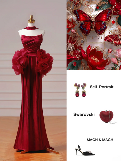 Robe de bal chic et élégante, style sirène, bustier, bordeaux, plissée, longue et élégante, idéale pour les adolescentes et les lycéennes (AQ004)