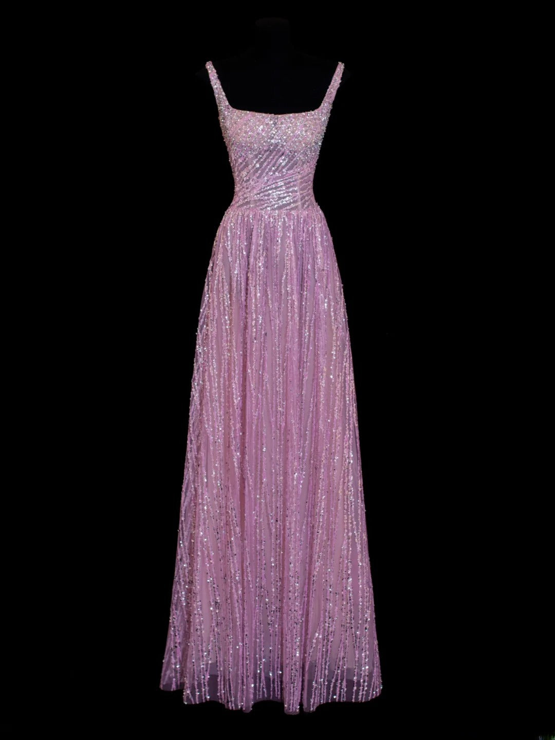 Robe de bal longue rose plissée, style années 50, à sequins, col carré et col trapèze, ornée de perles, SA004