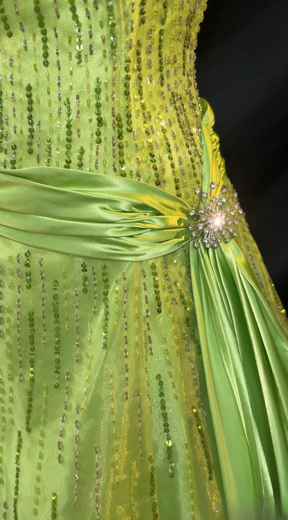Glitzer-Abendkleider Ballkleid Trägerlos Grün mit Perlenstickerei Langes Abendkleid RB3347