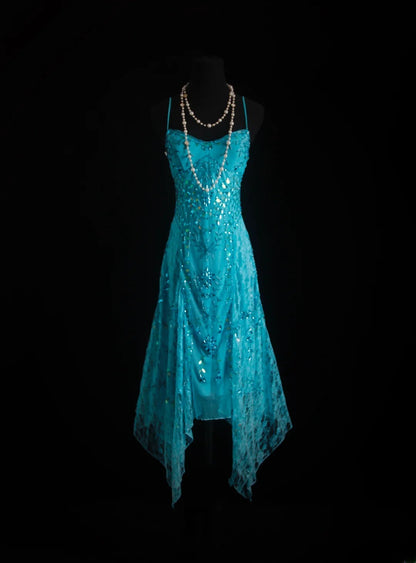 Unique Mermaid Spaghetti Strap Blue 90s With Beads Tea Length Evening For Women Party Dresses Long Formal Prom Dresses 20th Birthday Gowns AS004