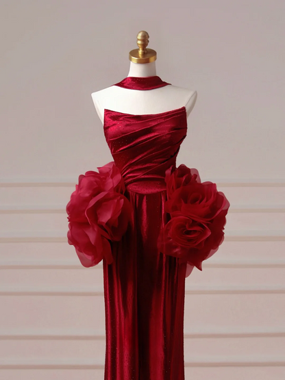 Robe de bal chic et élégante, style sirène, bustier, bordeaux, plissée, longue et élégante, idéale pour les adolescentes et les lycéennes (AQ004)