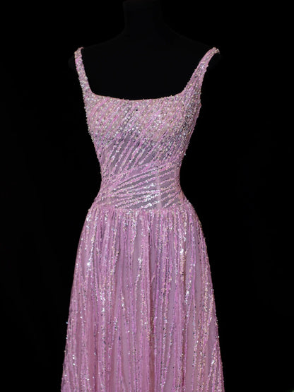 Robe de bal longue rose plissée, style années 50, à sequins, col carré et col trapèze, ornée de perles, SA004