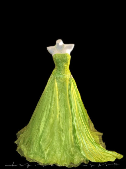 Glitzer-Abendkleider Ballkleid Trägerlos Grün mit Perlenstickerei Langes Abendkleid RB3347