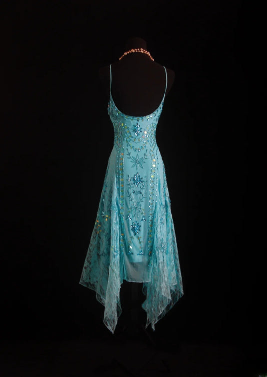 Einzigartiges Meerjungfrauen-Abendkleid mit Spaghettiträgern, blau, im 90er-Jahre-Stil mit Perlen, Teelänge, für Damen, Partykleider, lange formelle Ballkleider, Kleider zum 20. Geburtstag AS004