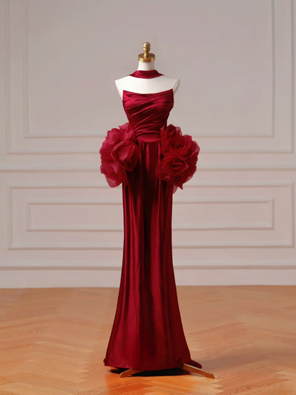 Robe de bal chic et élégante, style sirène, bustier, bordeaux, plissée, longue et élégante, idéale pour les adolescentes et les lycéennes (AQ004)