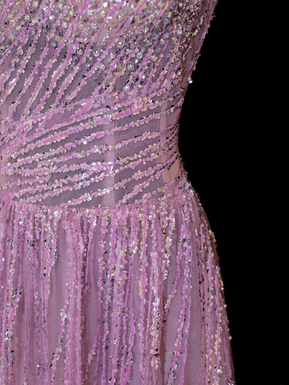 Robe de bal longue rose plissée, style années 50, à sequins, col carré et col trapèze, ornée de perles, SA004