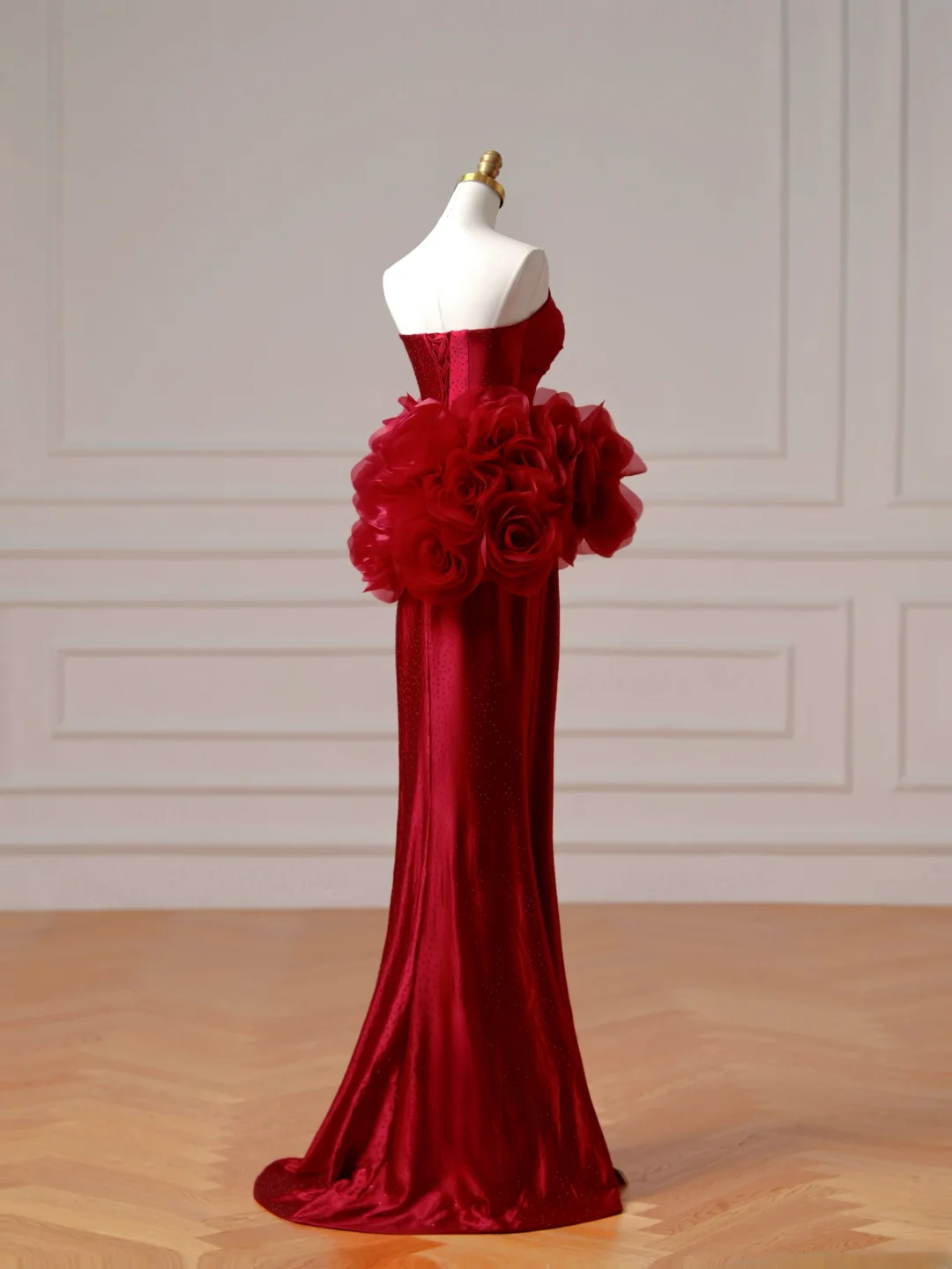 Robe de bal chic et élégante, style sirène, bustier, bordeaux, plissée, longue et élégante, idéale pour les adolescentes et les lycéennes (AQ004)