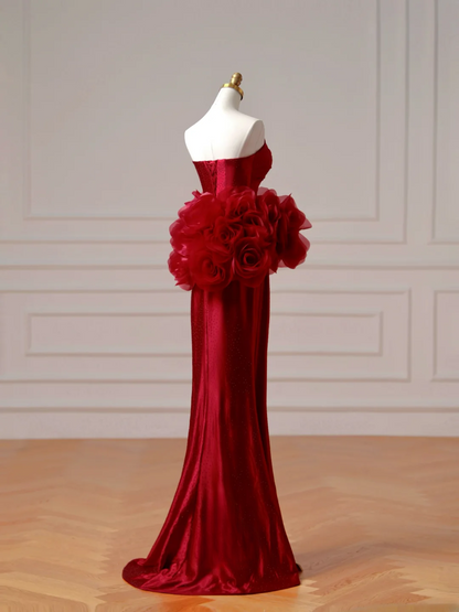 Robe de bal chic et élégante, style sirène, bustier, bordeaux, plissée, longue et élégante, idéale pour les adolescentes et les lycéennes (AQ004)