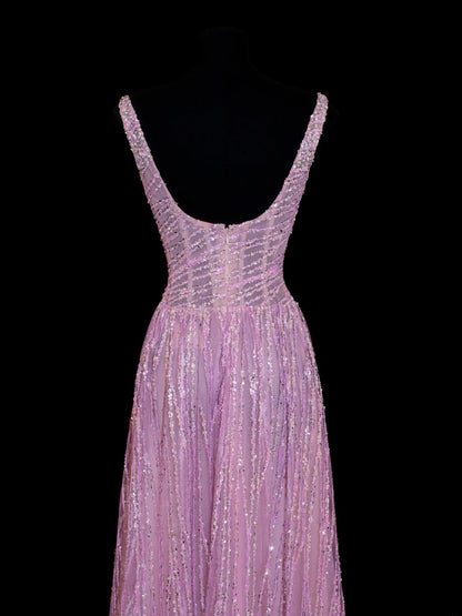 Robe de bal longue rose plissée, style années 50, à sequins, col carré et col trapèze, ornée de perles, SA004