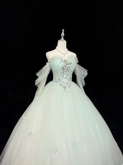 Princess Prom Dresses Ball Gown Off The Shoulder With Sleeves Mint Green Tulle Evening Long Formal Dress RB7378