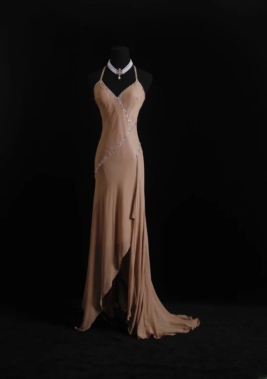 Einzigartiges Meerjungfrauen-Halterkleid aus braunem Chiffon im 90er-Jahre-Stil mit Perlen, bodenlang, für Damen, Partykleider, lange formelle Ballkleider, Kleider zum 21. Geburtstag AS005