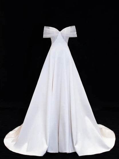 Robes de mariée élégantes et sobres pour la mariée, robe de bal épaules dénudées à manches courtes en satin, robes de mariée pour femmes petites et grandes tailles SA005